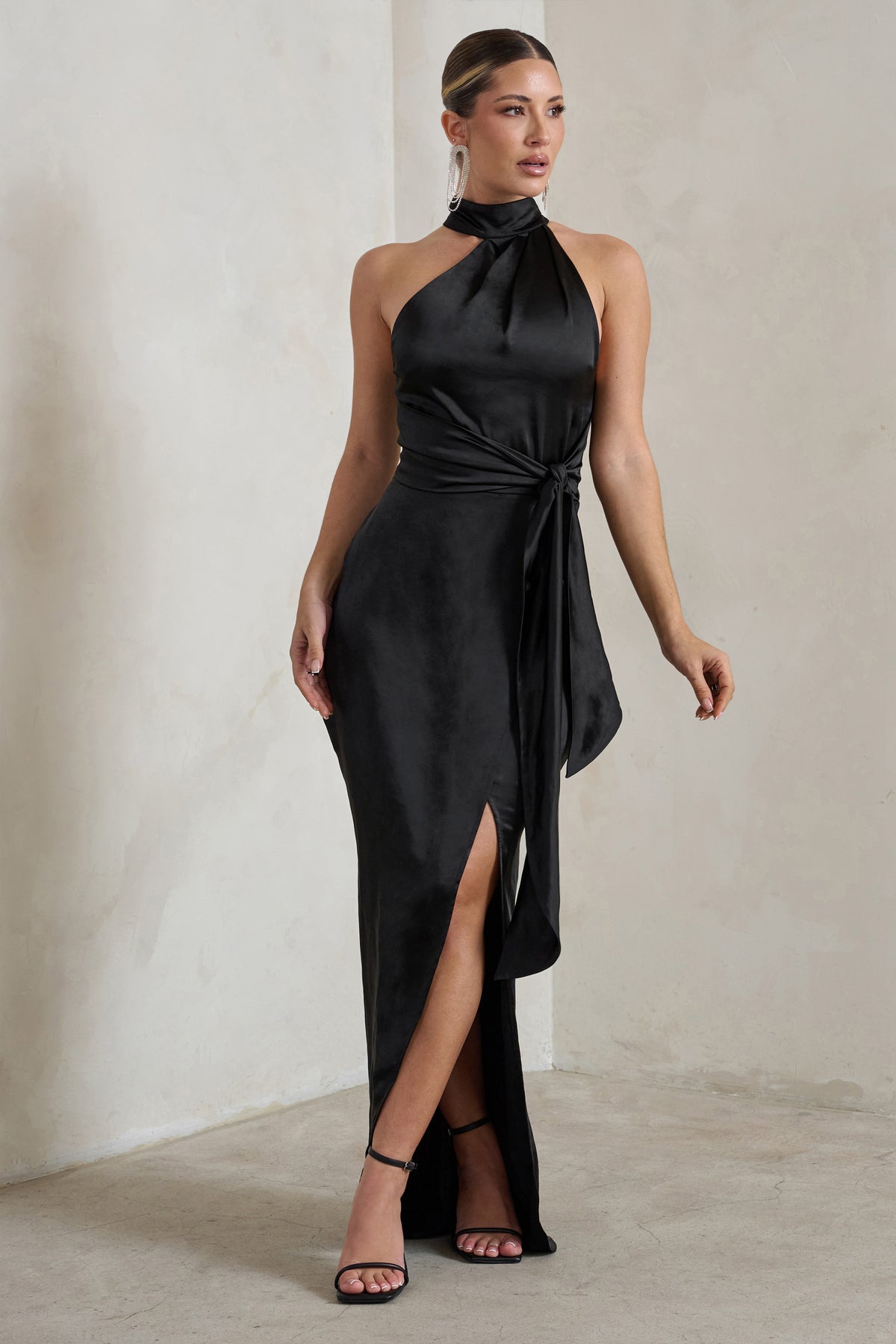 Tattianna Black Asymmetric Tie Detail High Neck Satin Maxi Dress – Club ...