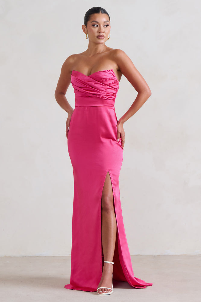 Coraline Hot Pink Strapless Maxi Dress With Split – Club L London - UK