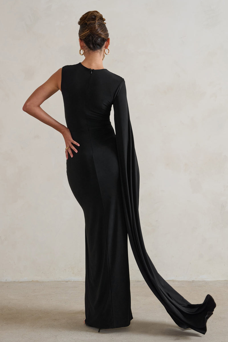 Emmey Black Asymmetric Cut Out Maxi Dress With Statement Cape – Club L ...