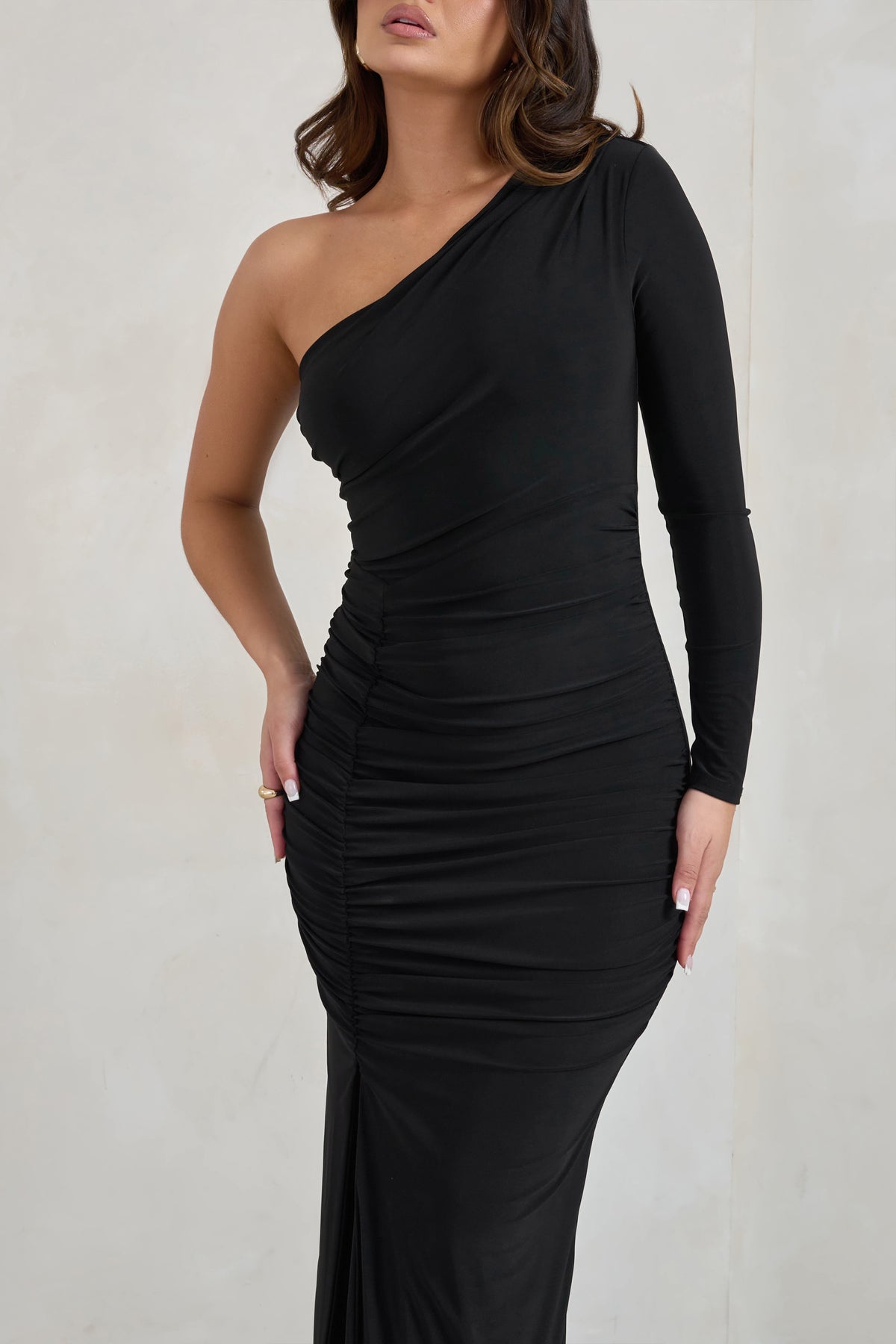 Doll Black Asymmetric One Sleeve Ruched Maxi Dress – Club L London - UK