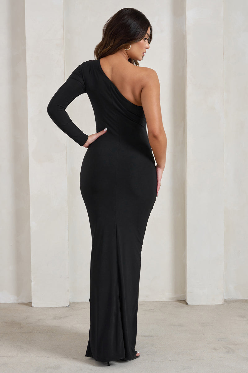 Doll Black Asymmetric One Sleeve Ruched Maxi Dress – Club L London - UK